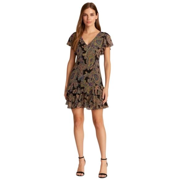 Lauren Ralph Lauren Paisley Crinkle Georgette Drop-Waist Mini Dress - Picture 2 of 13